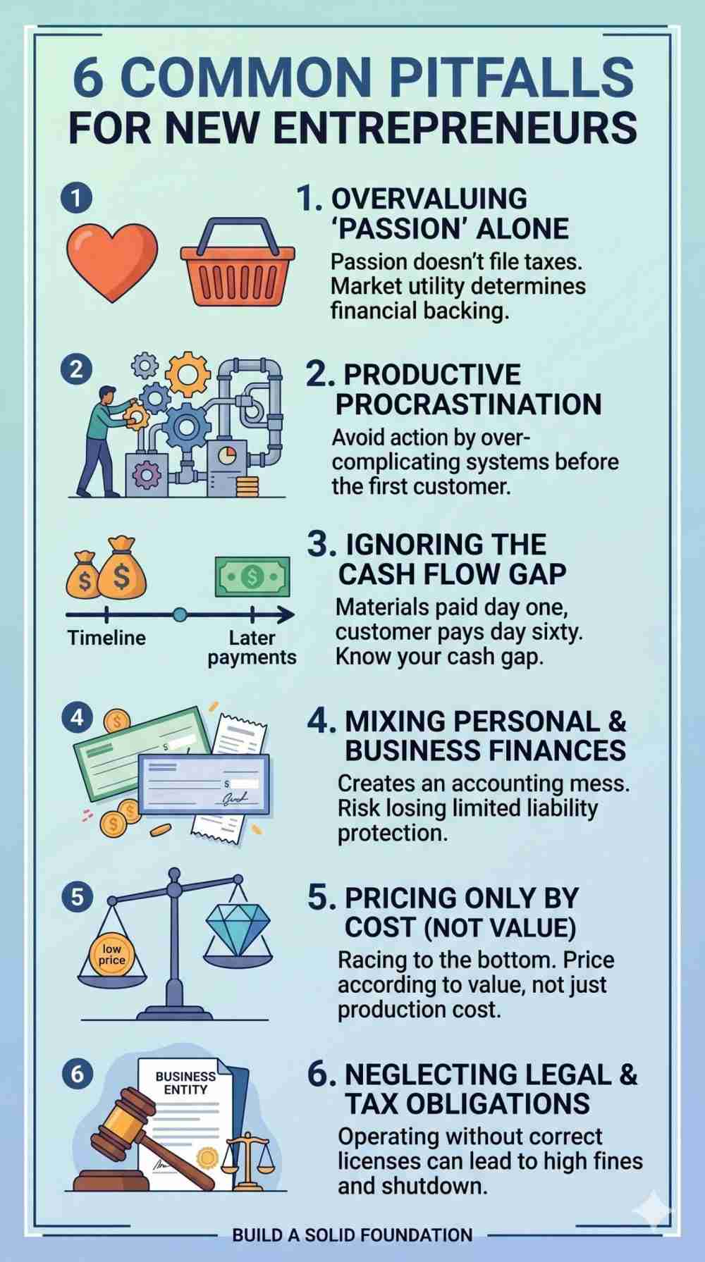 Portrait infographic listing 6 common entrepreneurial pitfalls: Overvaluing Passion, Productive Procrastination, Ignoring Cash Flow, Mixing Funds, Pricing by Cost, and Neglecting Legal Obligations.