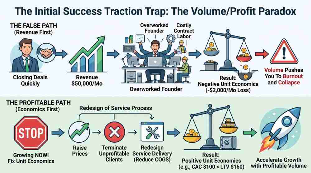 An infographic illustrating the difference between pursuing rapid volume with negative unit economics versus establishing profitability before accelerating growth.